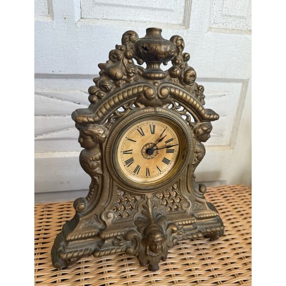 Antique 1880s Cast Iron Gold GIlt Clock Mermaids Womans Face Ornate Running - Picture 1 of 16